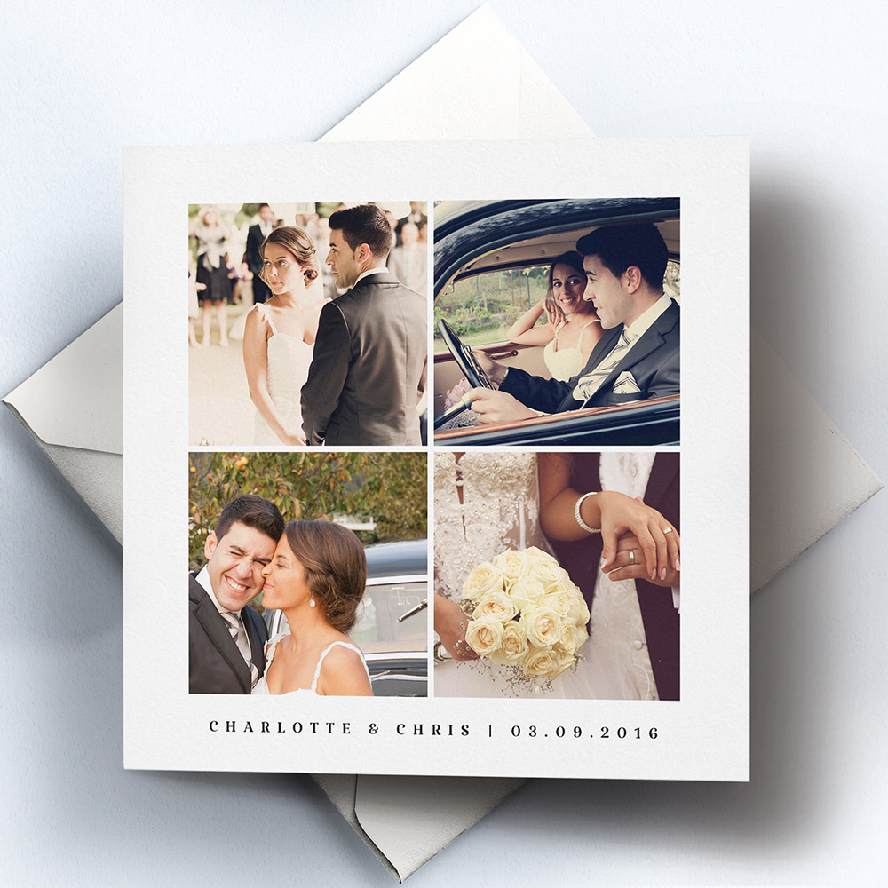 A black and white, square traditional wedding thank you card with an elegant style.