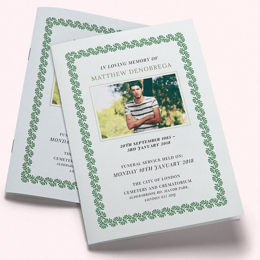 A green, a5 portrait multipage funeral order of service with a floral style.