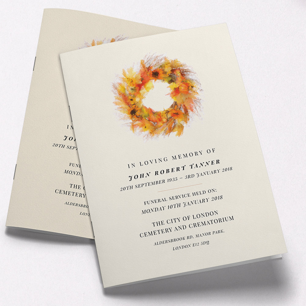 A orange and cream, a5 portrait multipage funeral order of service with a floral style.
