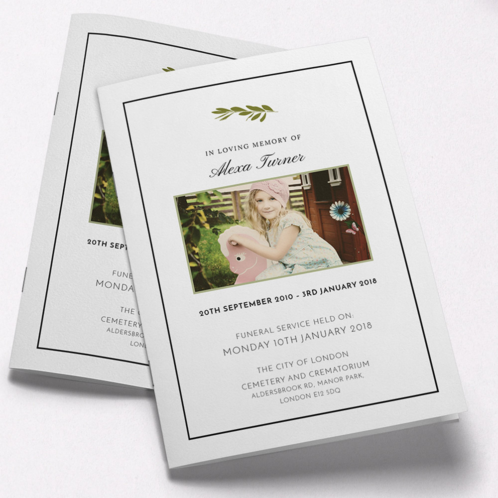 A white and olive green, a5 portrait multipage funeral programme with a floral style.