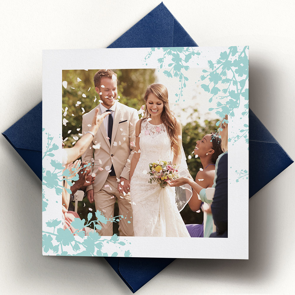 A blue and white, square the best wedding thank you card with a floral style.