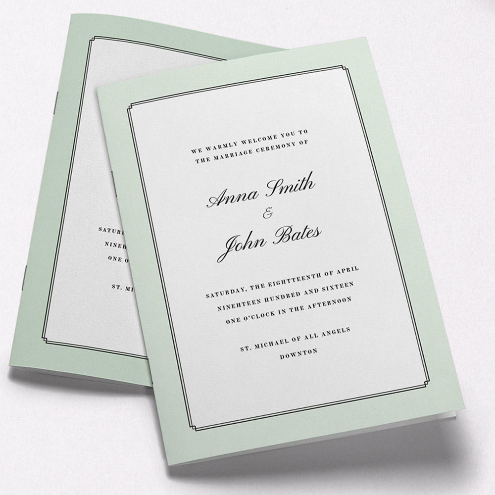 A green and white, a5 portrait multipage wedding programme with a modern style.