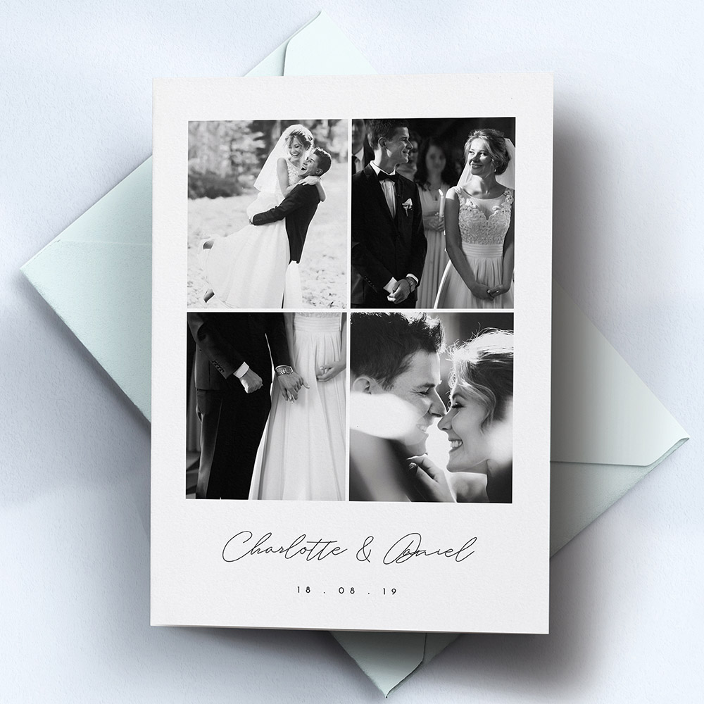 A black and white, a5 portrait plain wedding thank you card with a modern style.