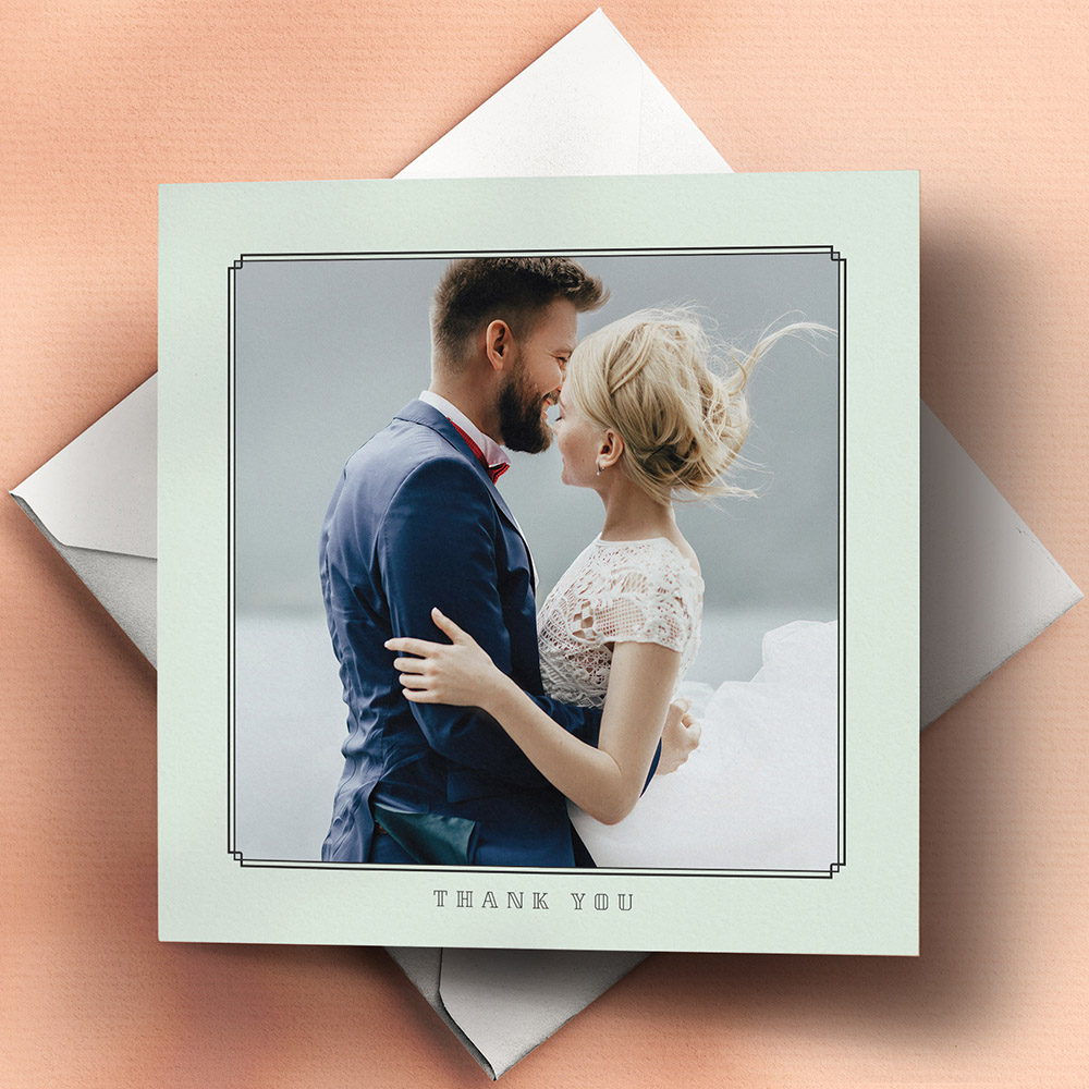 A green, square simple wedding thank you card with a modern style.