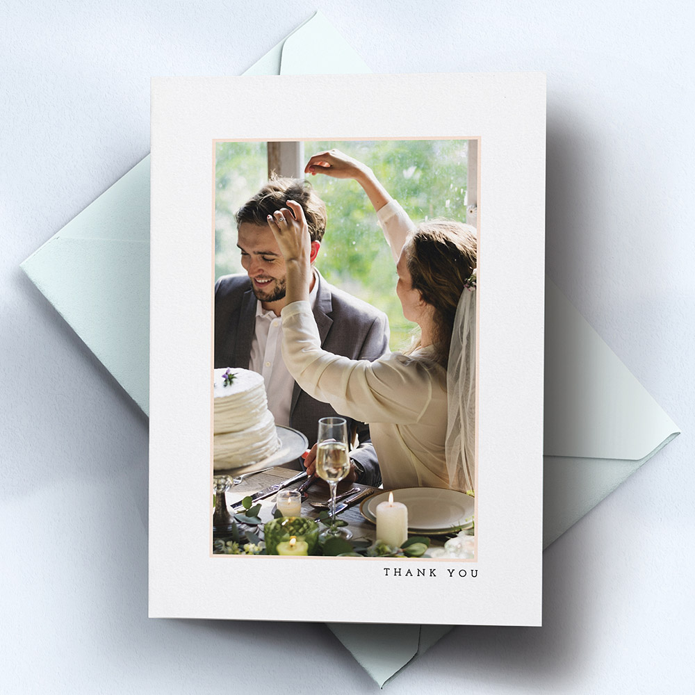A white, a5 portrait simple wedding thank you card with a modern style.