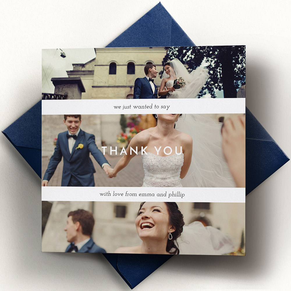 A white, square simple wedding thank you card with a modern style.