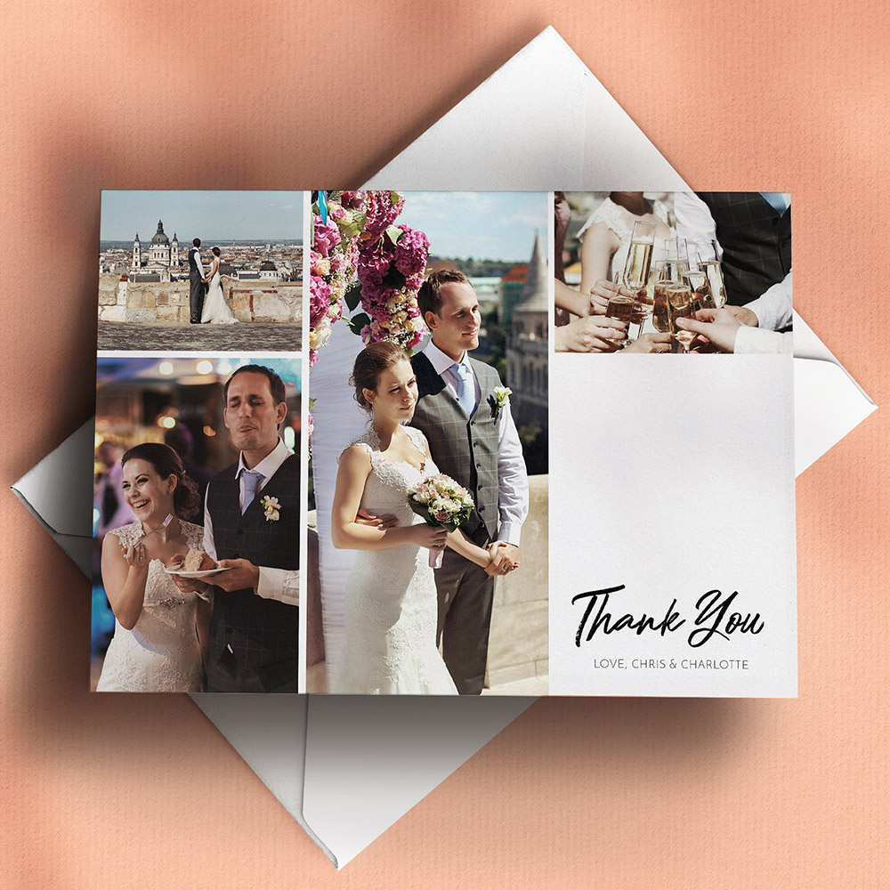 A black and white, a5 landscape the best wedding thank you card with a modern style.