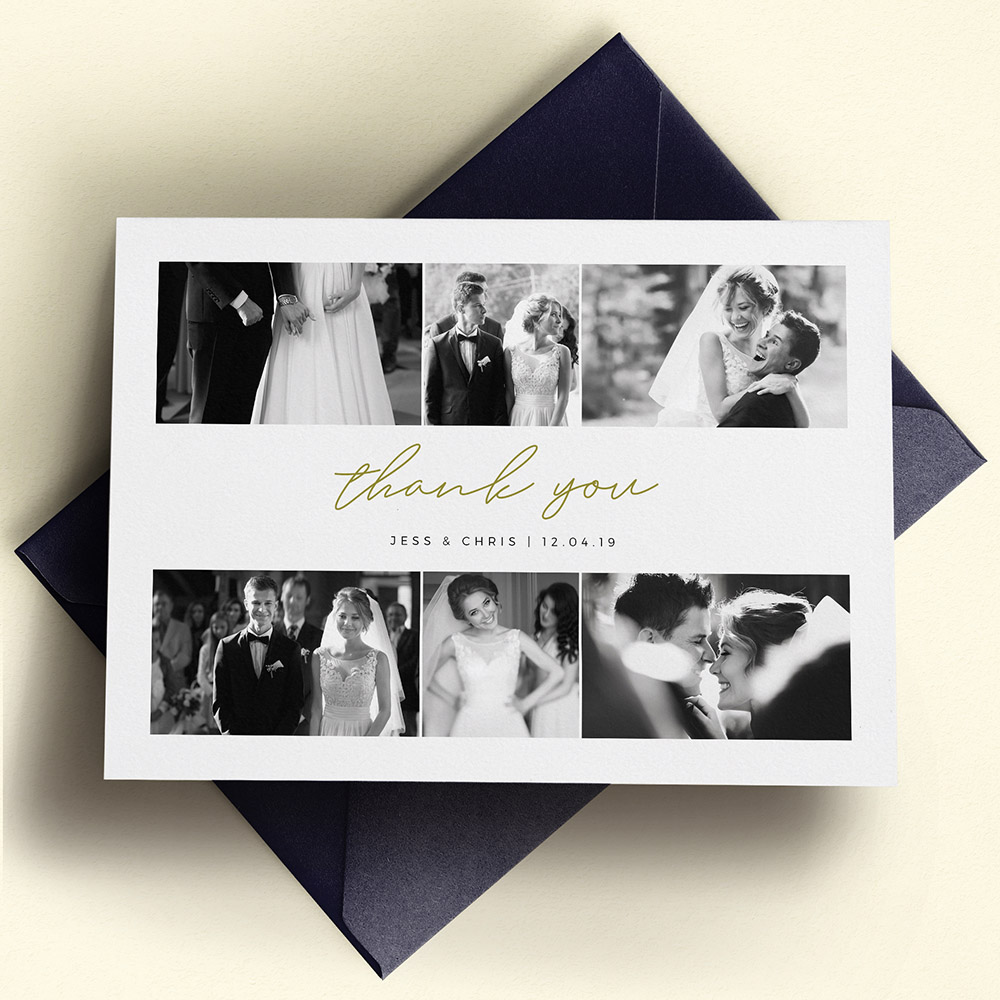 A gold and white, a5 landscape the best wedding thank you card with a modern style.