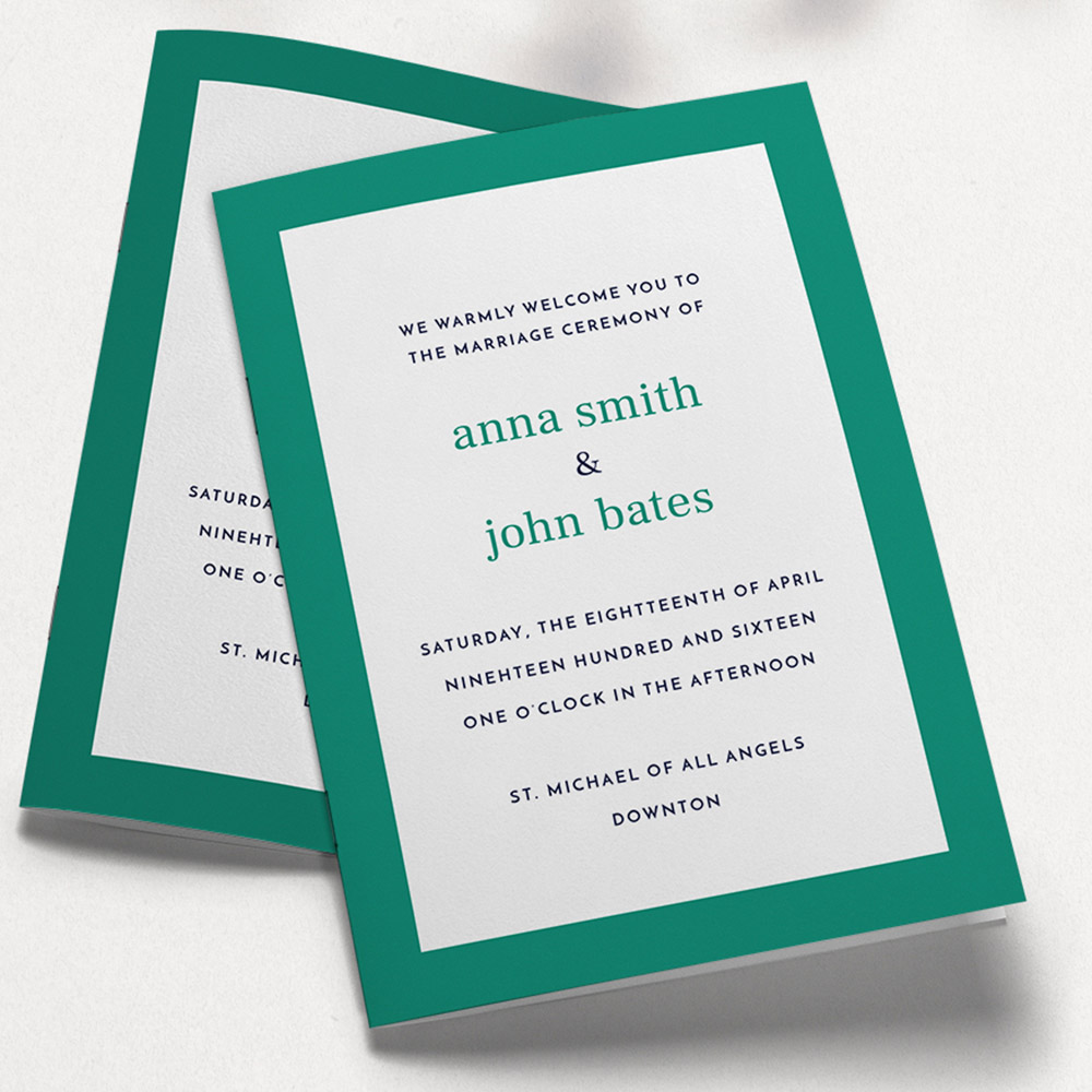 A green and white, a5 portrait wedding programme with a modern style.