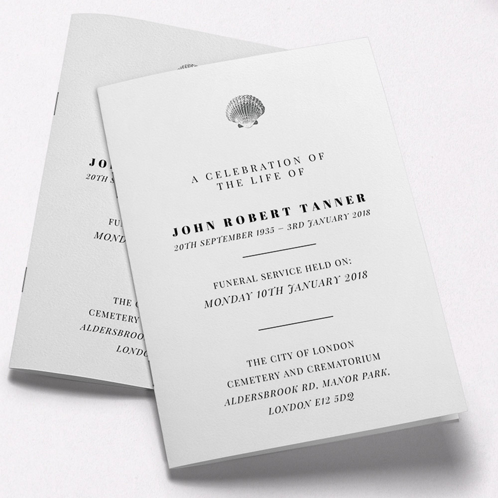 A white, a5 portrait funeral programme with a no photo style.