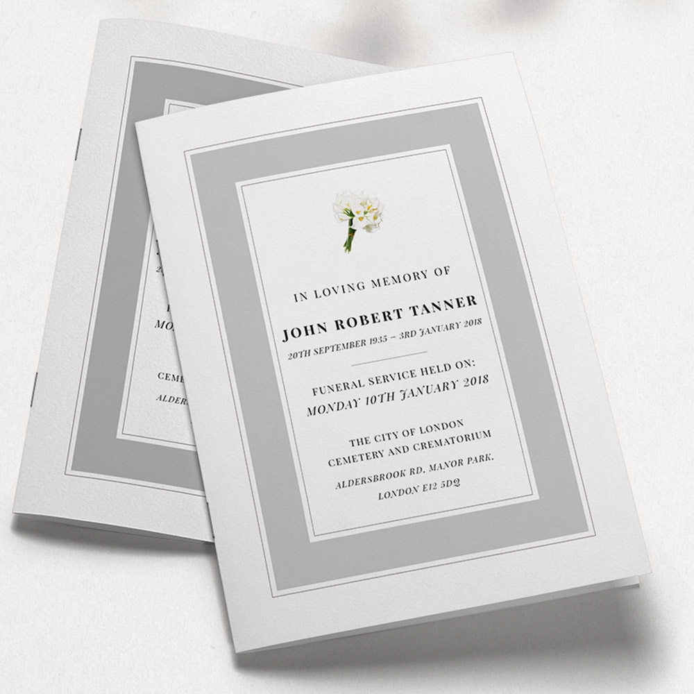 A grey and white, a5 portrait multipage funeral programme with a no photo style.