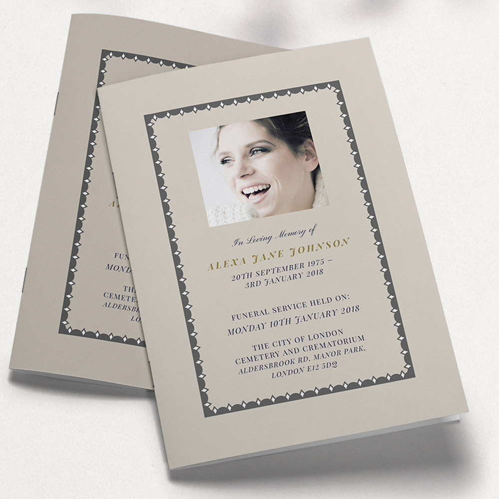 A dark cream and dark grey, a5 portrait funeral programme with a photographic style.