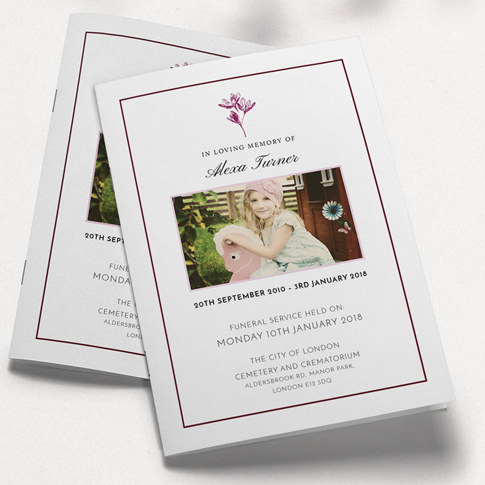 A pink and white, a5 portrait stapled funeral order of service with a photographic style.
