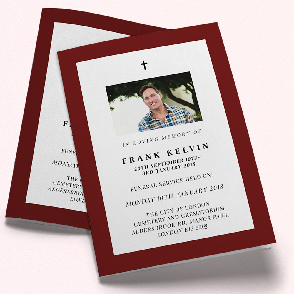 A burgundy and white, a5 portrait funeral order of service with a religious style.