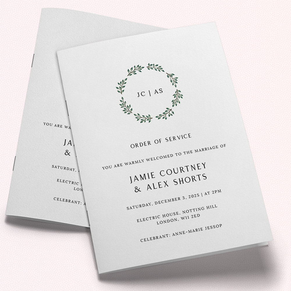 A white and green, a5 portrait multipage wedding programme with a rustic style.