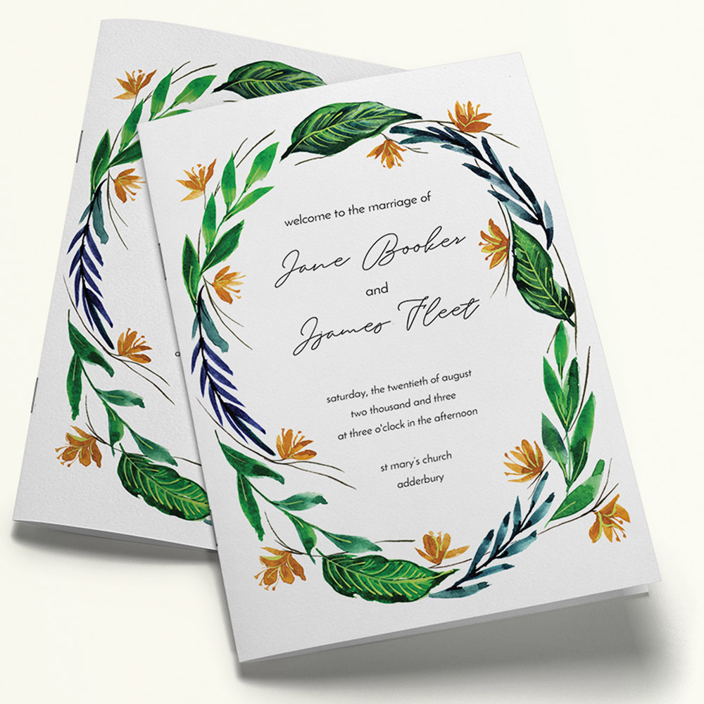 A green and dark blue, a5 portrait stapled wedding order of service with a rustic style.