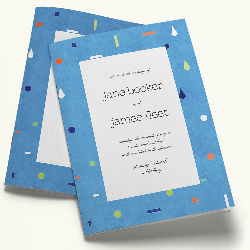 A light blue and orange, a5 portrait wedding programme with a rustic style.