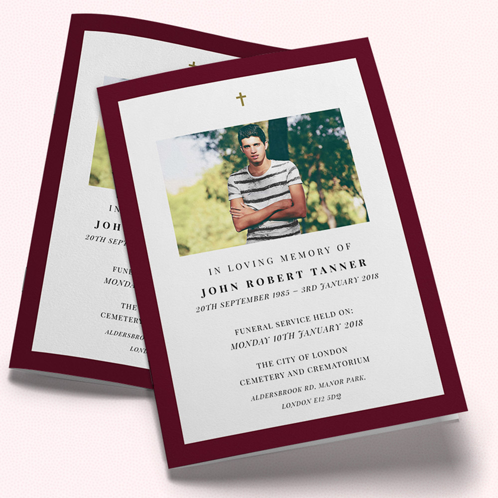 A burgundy and white, a5 portrait funeral order of service with a simple style.