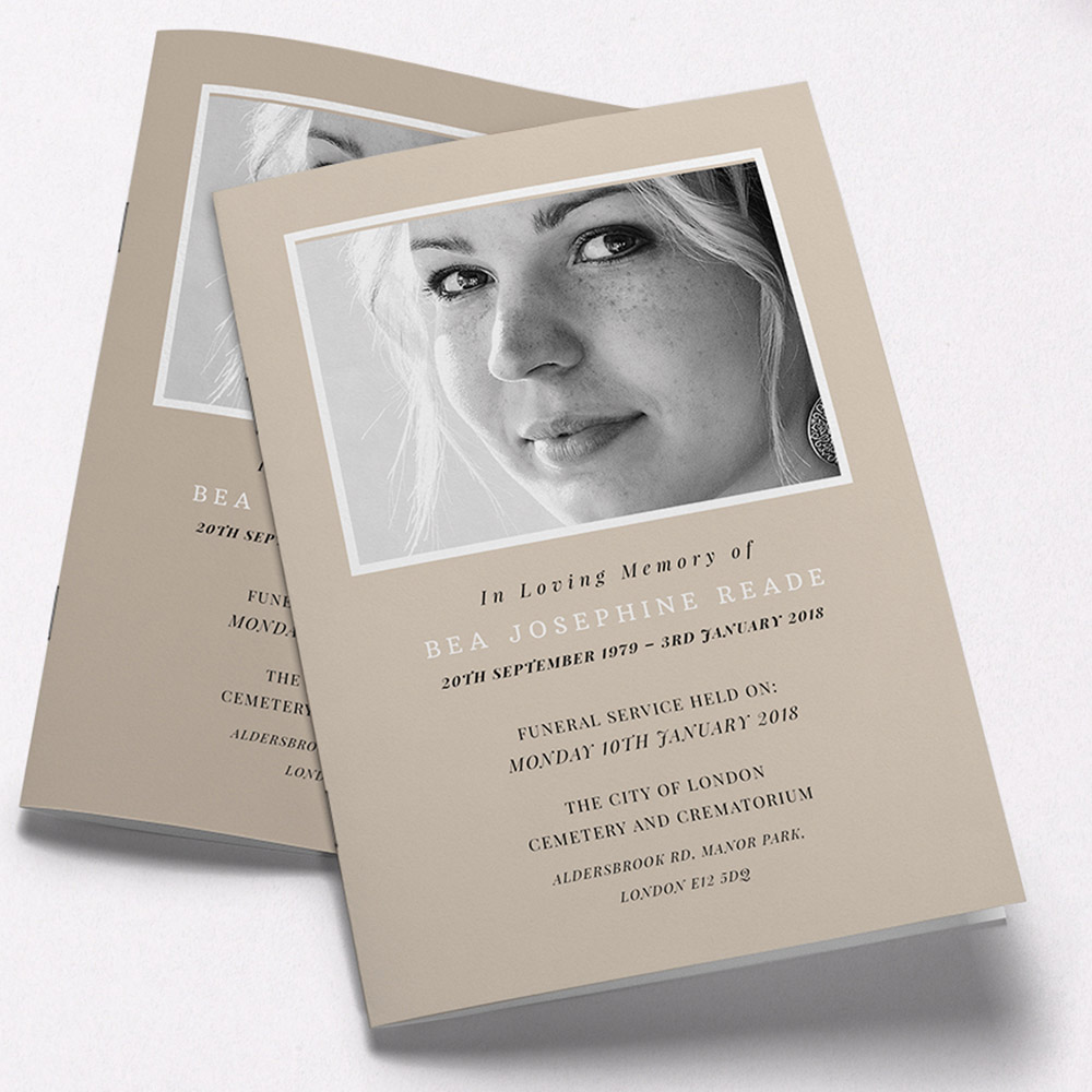A dark cream, a5 portrait funeral programme with a simple style.