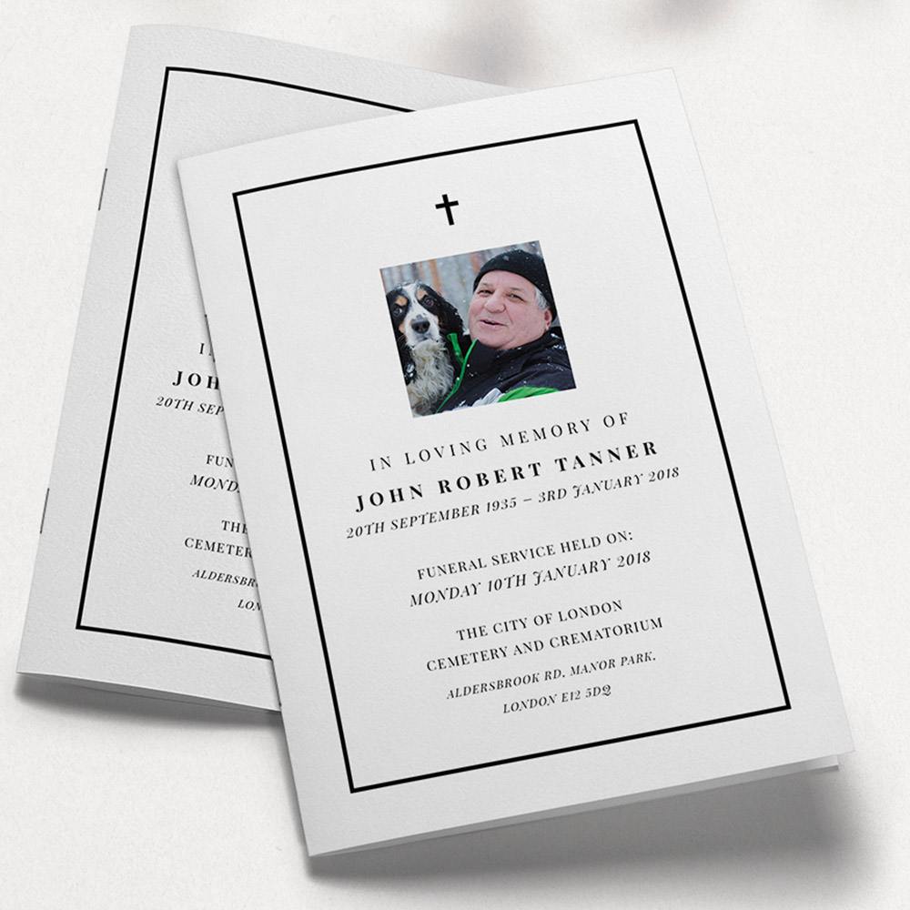A white, a5 portrait funeral programme with a simple style.