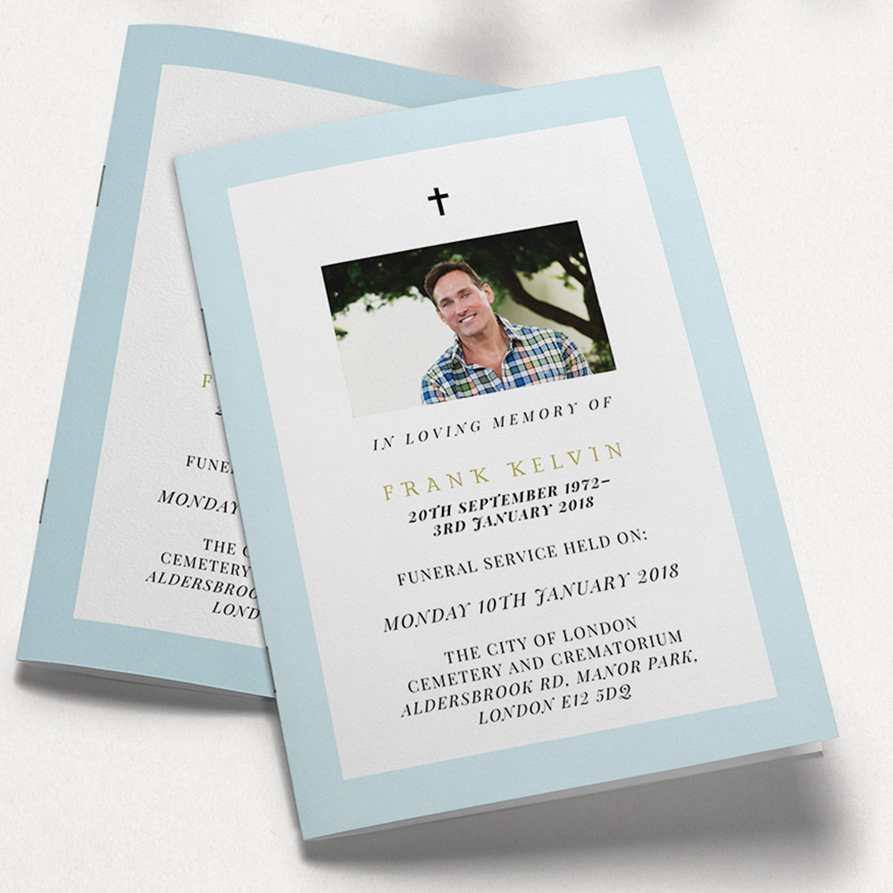 A blue and white, a5 portrait multipage funeral programme with a simple style.