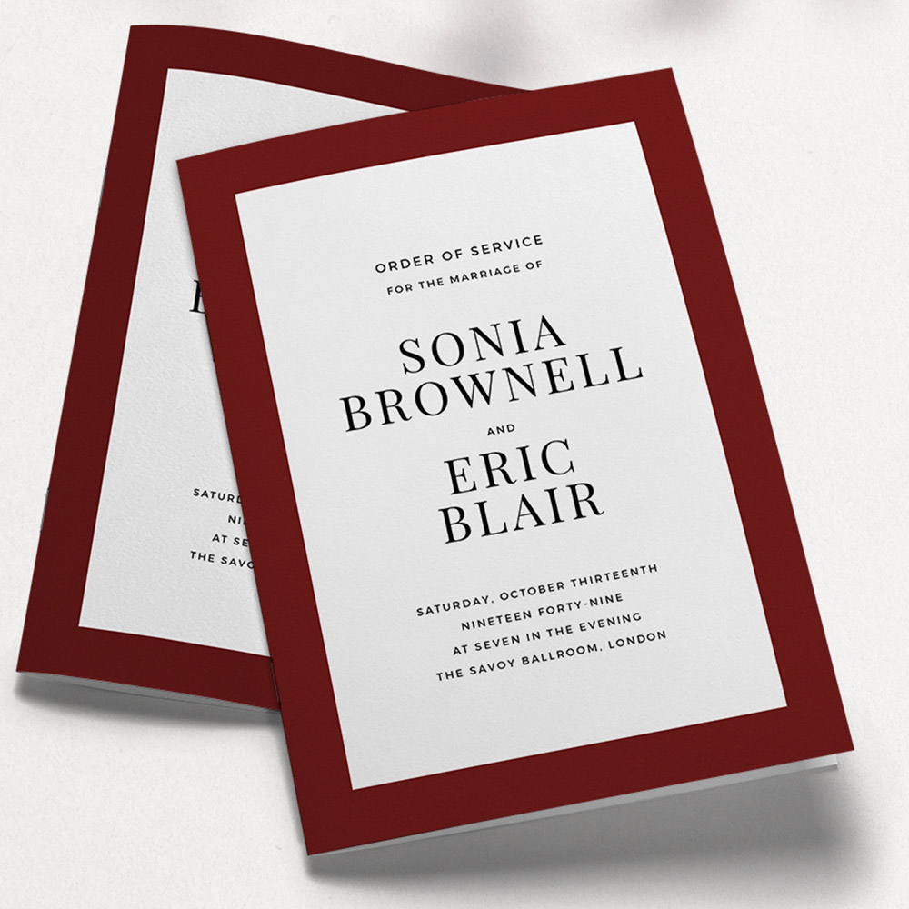 A burgundy and white, a5 portrait multipage wedding order of service with a simple style.
