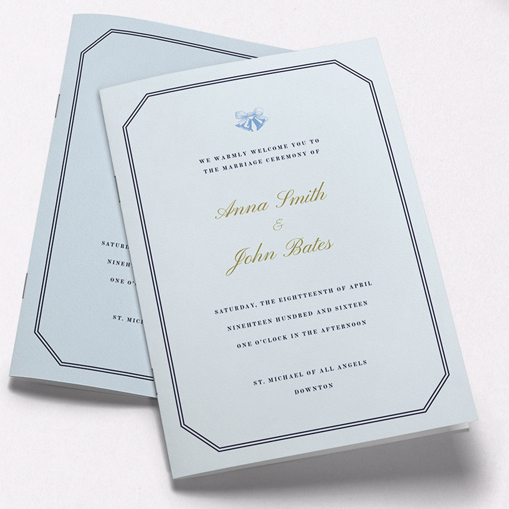 A light blue and dark blue, a5 portrait multipage wedding programme with a simple style.