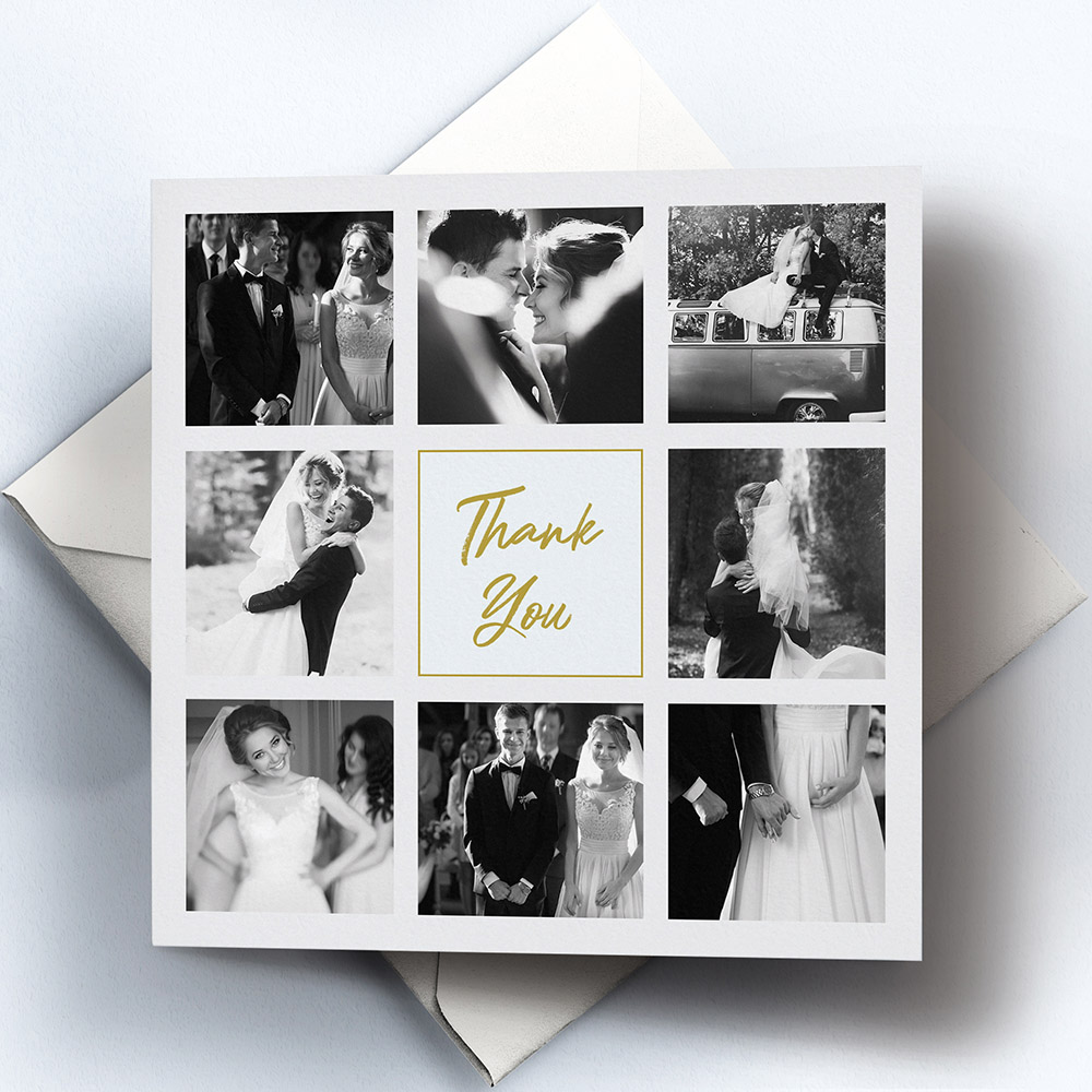 A gold and light blue, square plain wedding thank you card with a simple style.