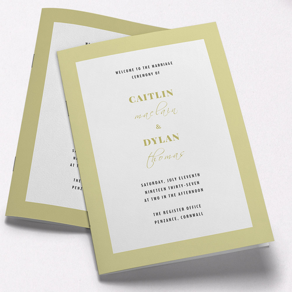A gold and white, a5 portrait stapled wedding order of service with a simple style.