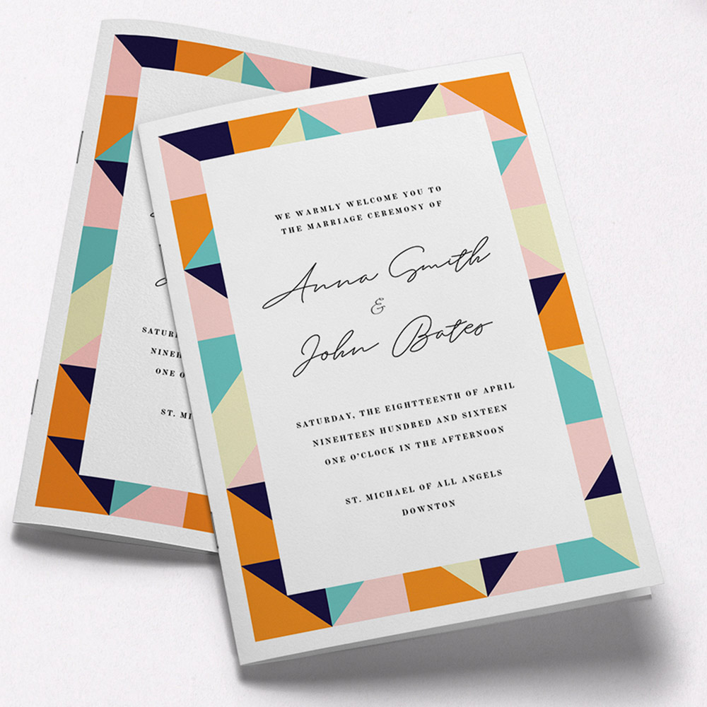 A orange and navy blue, a5 portrait stapled wedding order of service with a simple style.