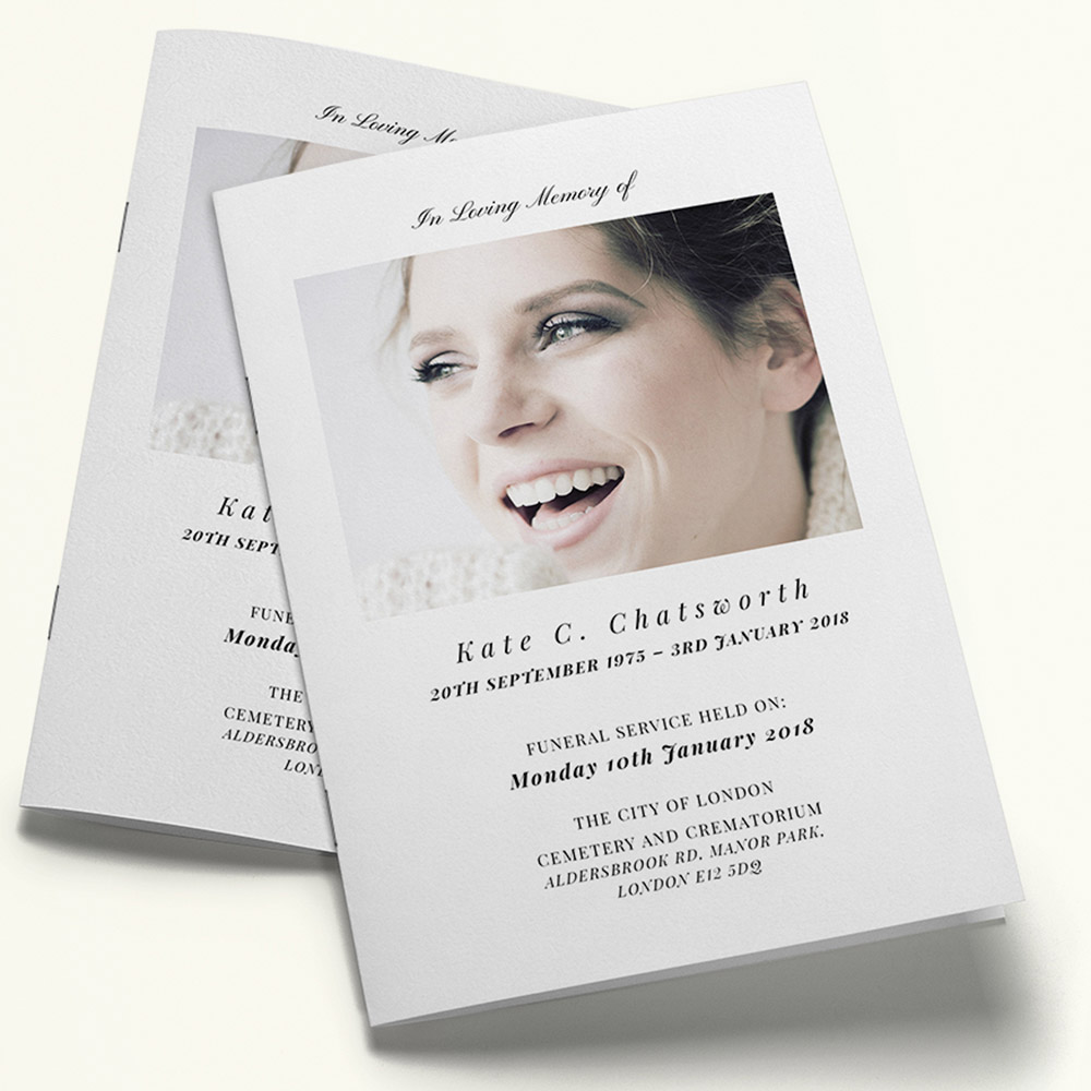 A white, a5 portrait multipage funeral programme with a straightforward style.