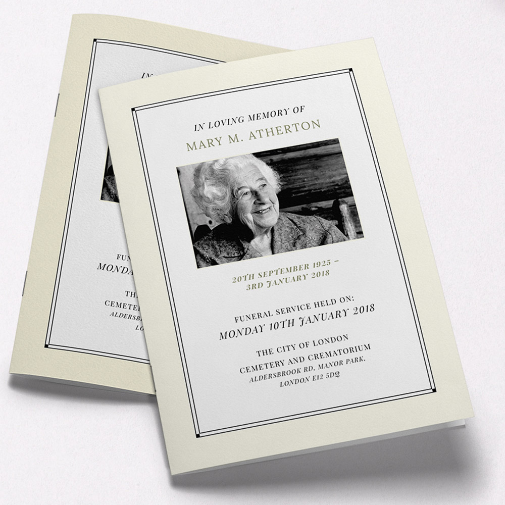 A cream, a5 portrait funeral programme with a traditional style.