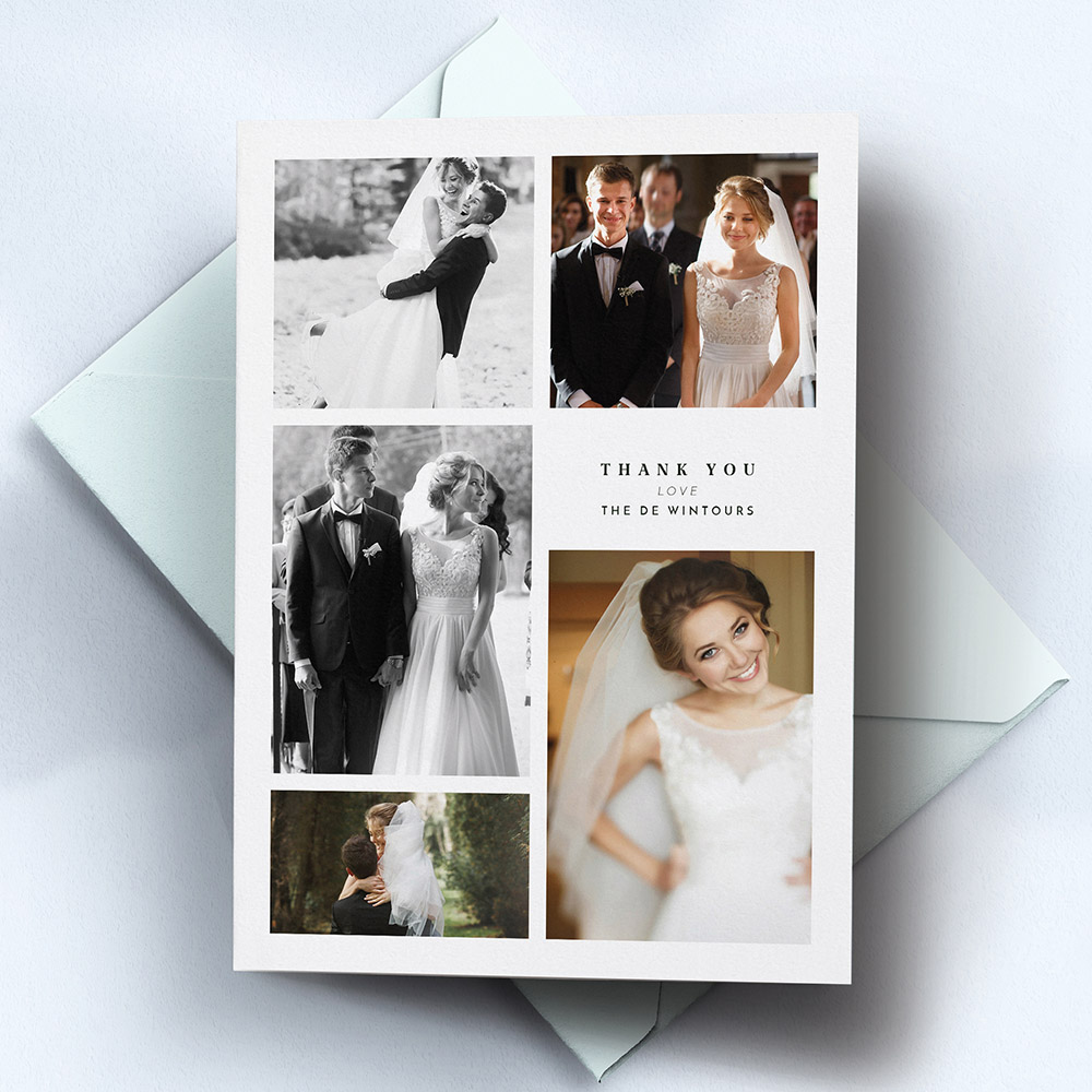 A black and white, a5 portrait folded wedding thank you card with an unique style.