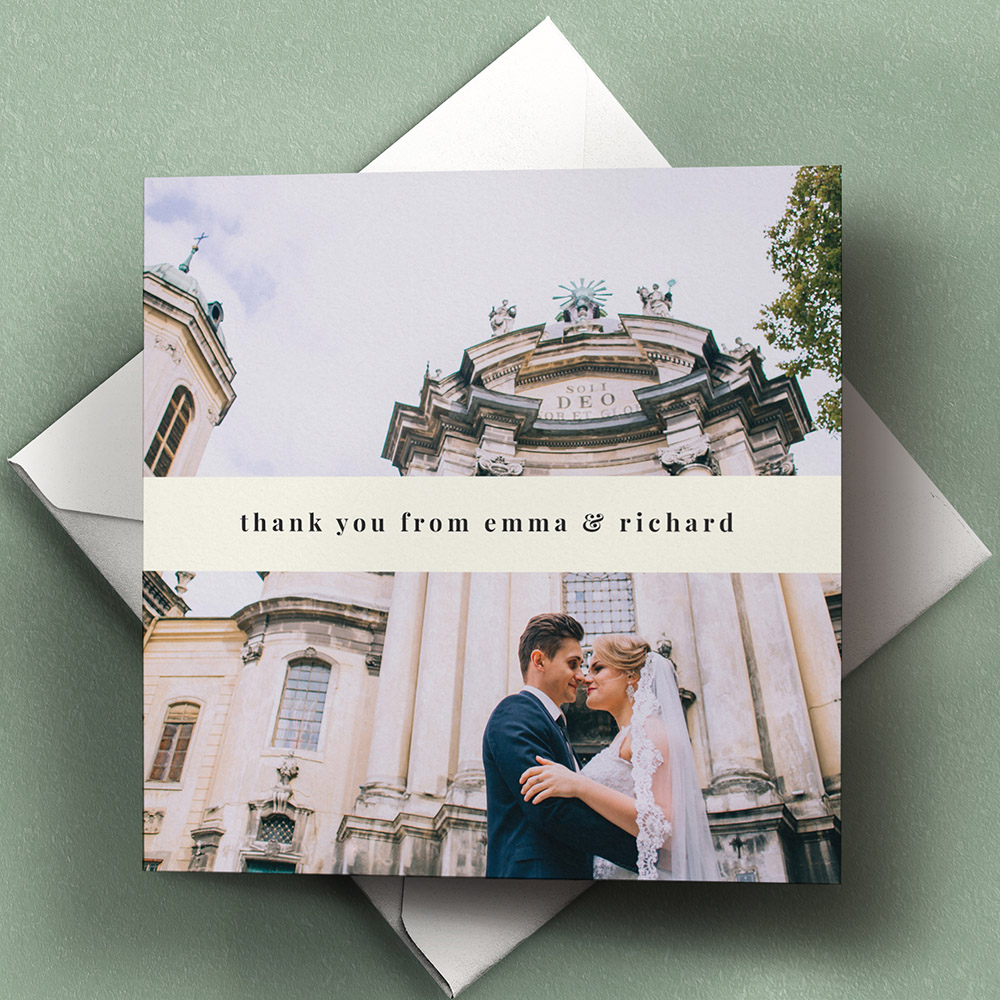 A cream, square premium wedding thank you card with an unique style.