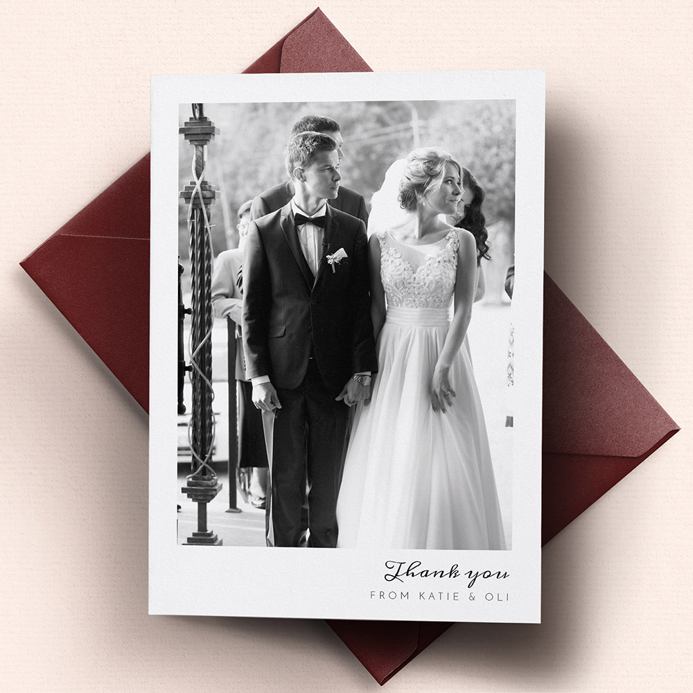A white, a5 portrait premium wedding thank you card with an unique style.