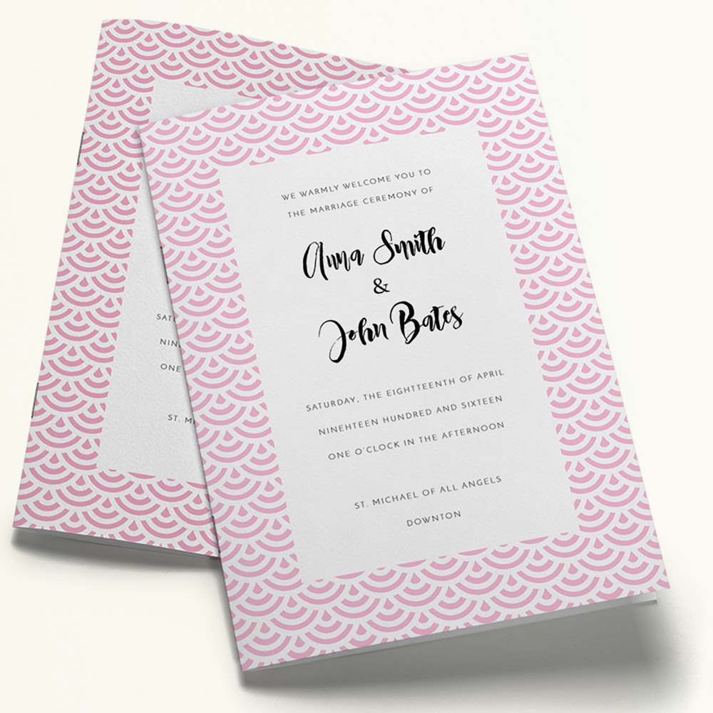 A pink and white, a5 portrait multipage wedding order of service with a vintage style.