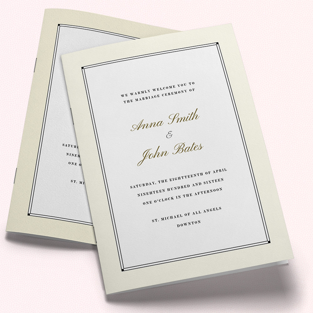 A cream, a5 portrait stapled wedding order of service with a vintage style.