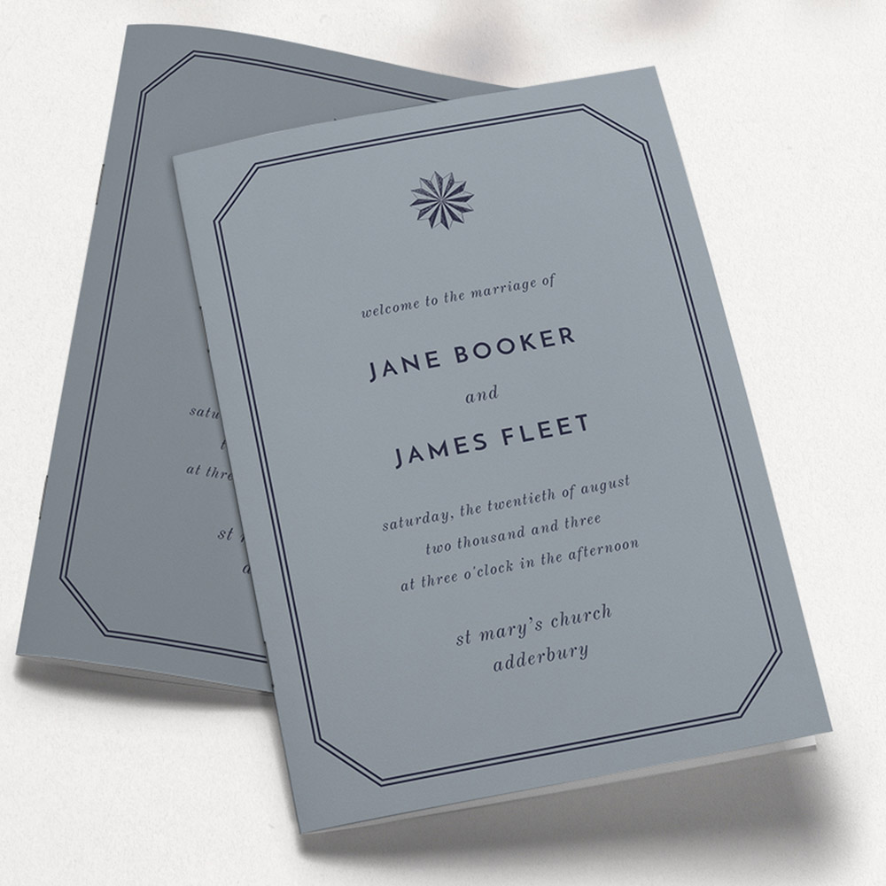 A dark grey and navy blue, a5 portrait wedding order of service with a vintage style.