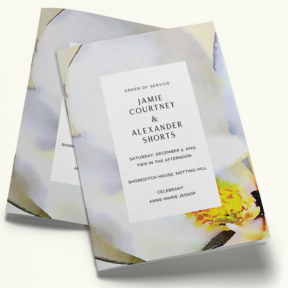 A yellow and white, a5 portrait stapled wedding order of service with a classic style.
