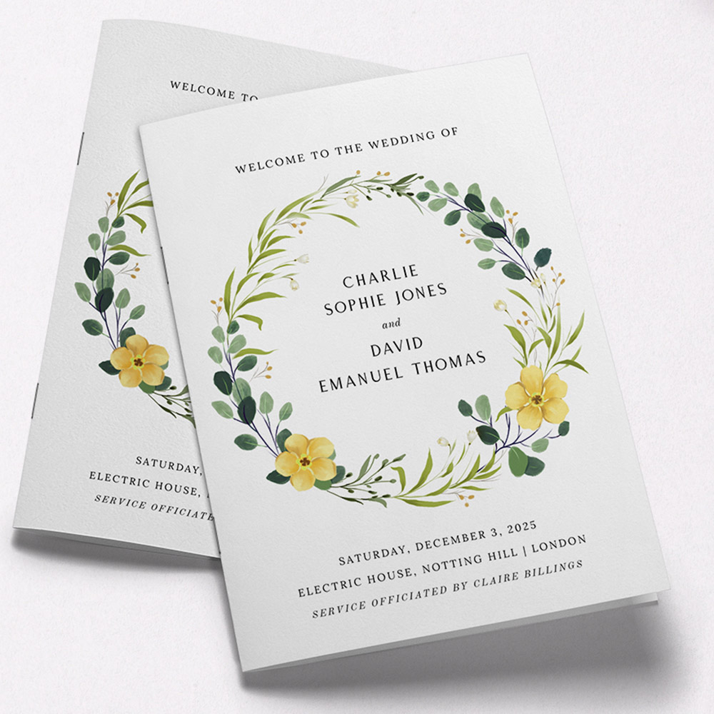 A light green and dark green, a5 portrait wedding programme with a classic style.