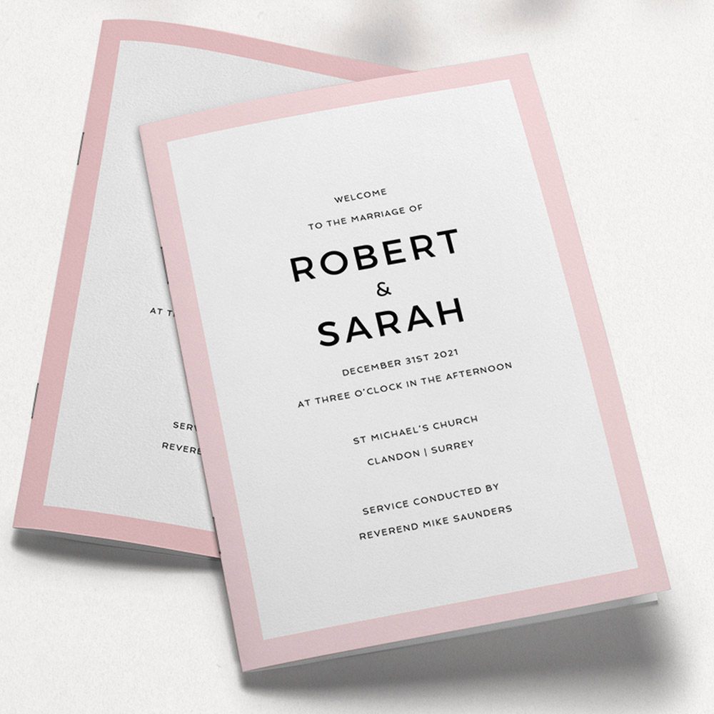 A pink and white, a5 portrait multipage wedding order of service with a colourful style.