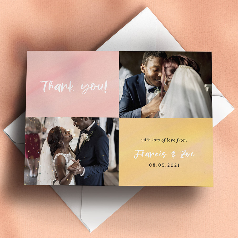 A pink and orange, a6 landscape the best wedding thank you card with a colourful style.