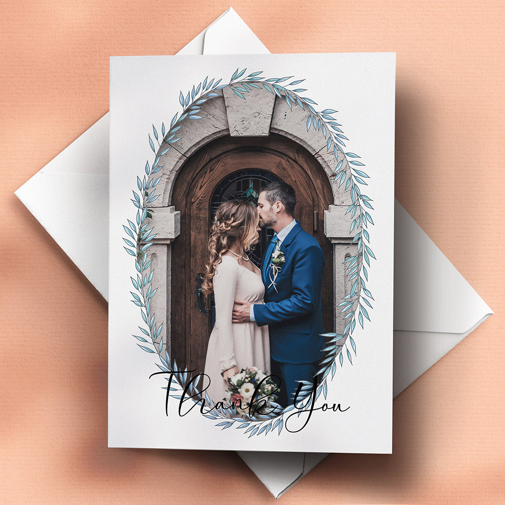 A blue, a6 portrait wedding thank you card with photos with a colourful style.