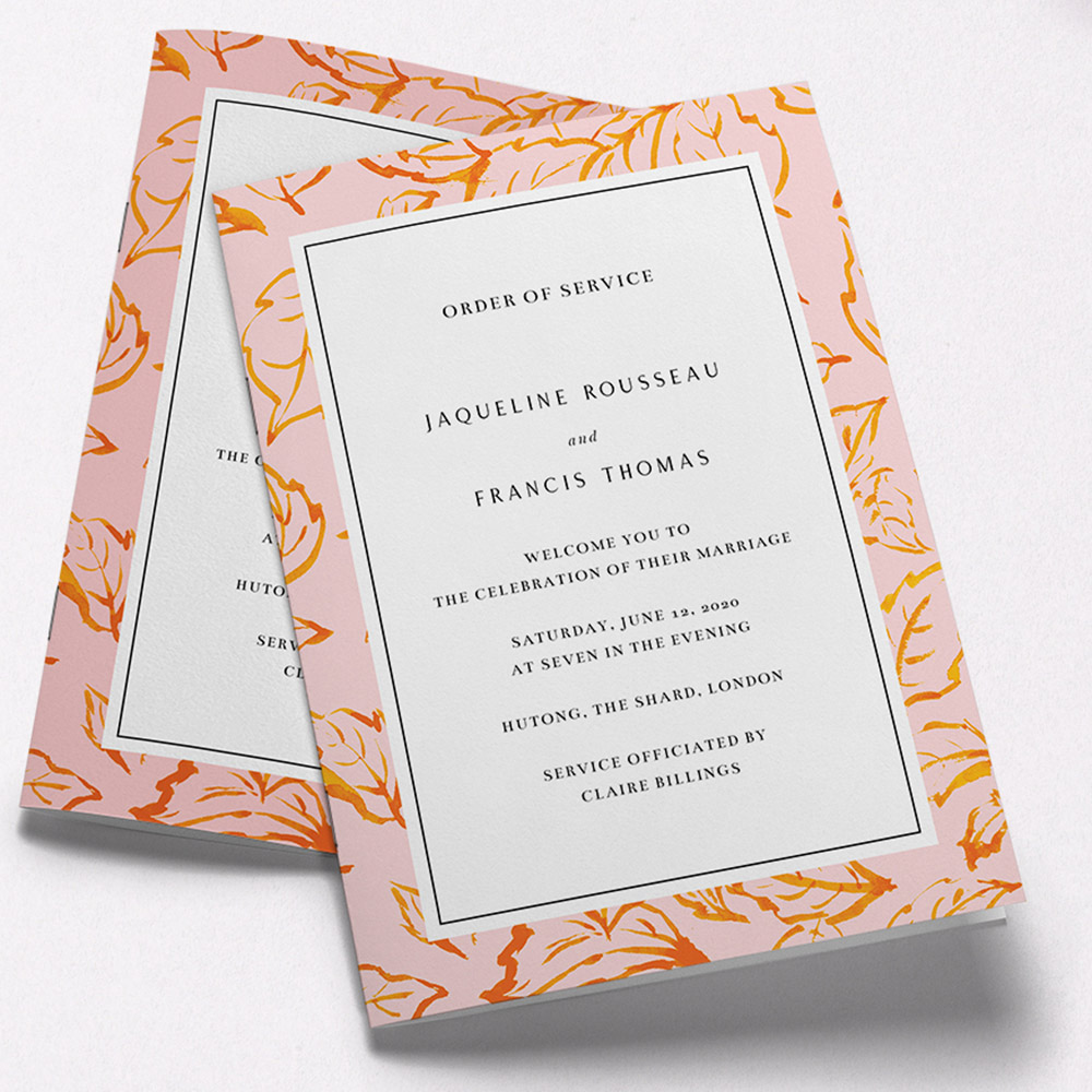 A pink and orange, a5 portrait multipage wedding order of service with a country style.