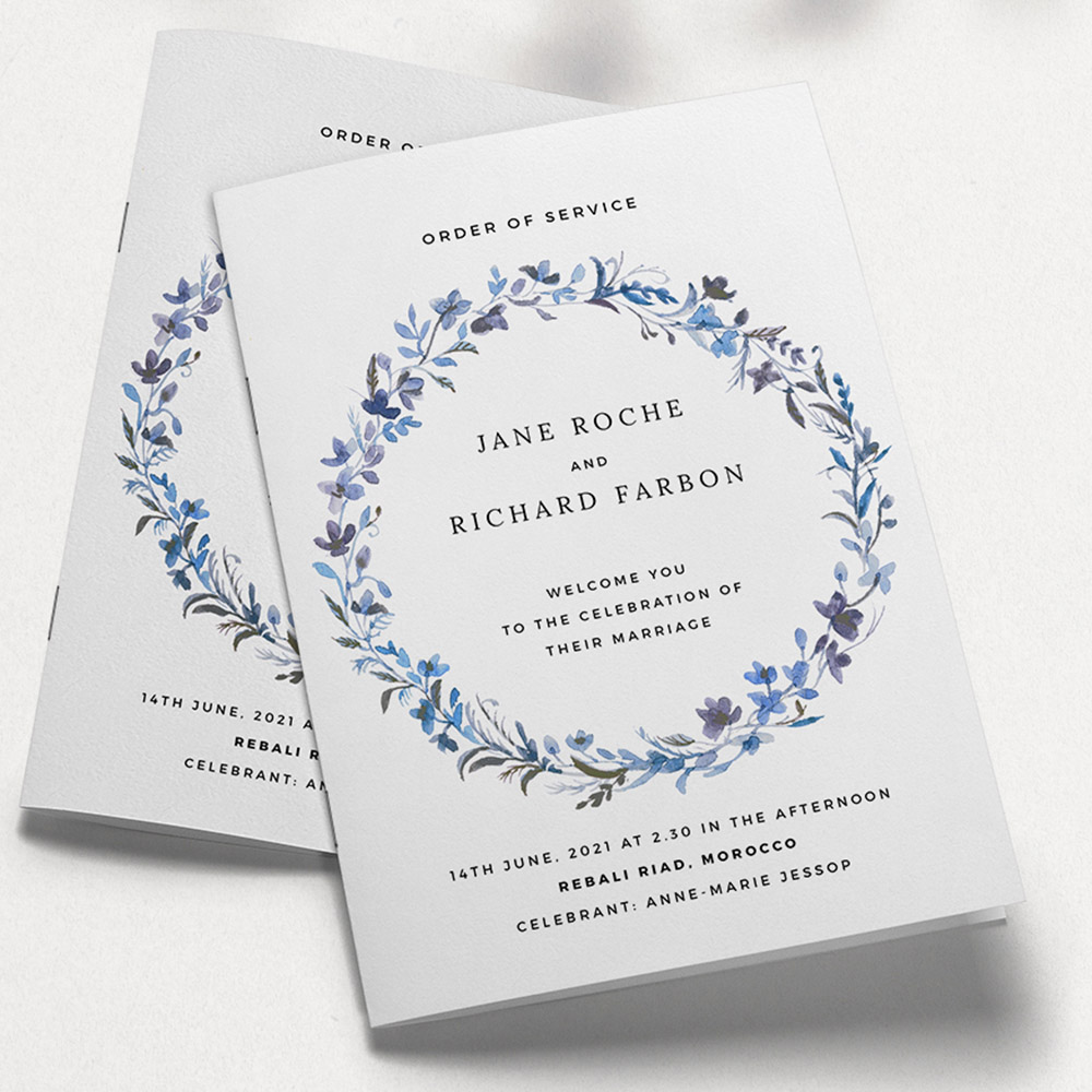 A light blue and purple, a5 portrait wedding order of service with a country style.
