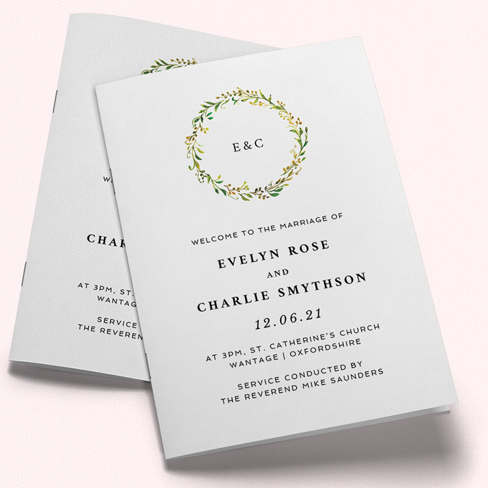 A white and green, a5 portrait multipage wedding programme with a creative style.