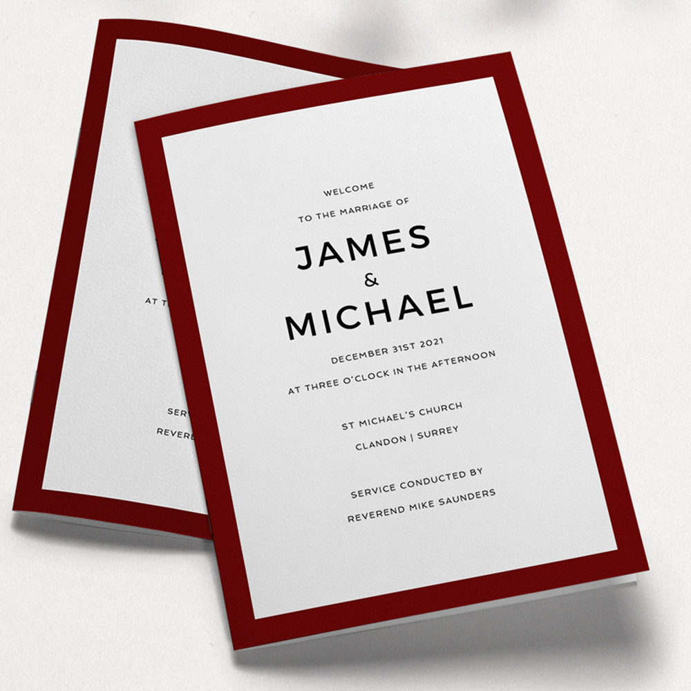 A burgundy and white, a5 portrait wedding order of service with a creative style.