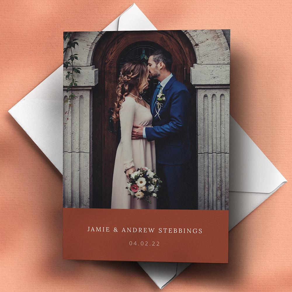 An dark orange, a5 portrait affordable wedding thank you card with an elegant style.