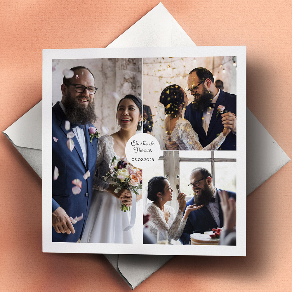 An white, square affordable wedding thank you card with an elegant style.