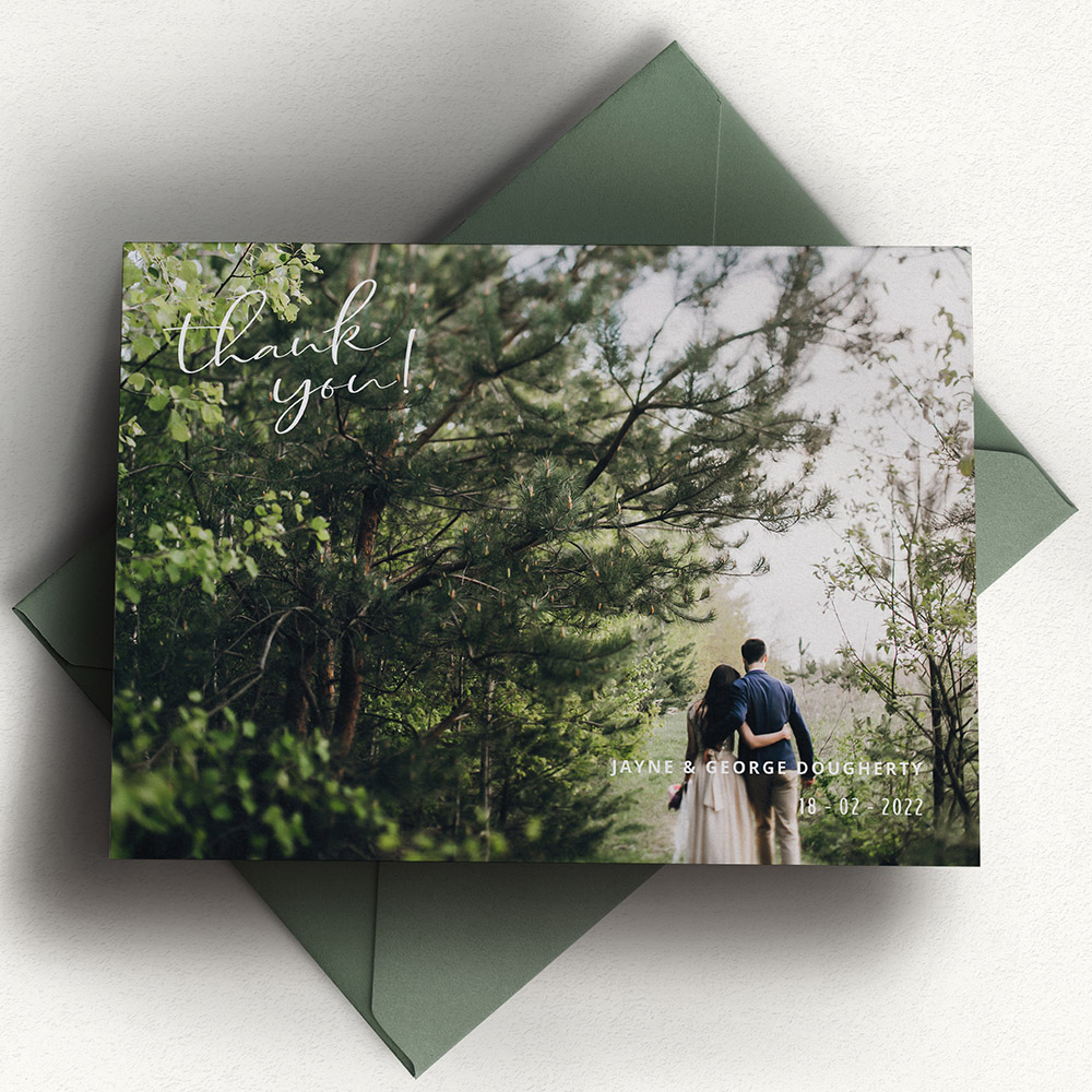 A white, a5 landscape photo wedding thank you card with an elegant style.